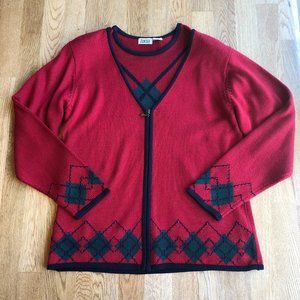 Vintage Lucia Red Argyle 2 Piece Set Top Full Zip Cardigan Medium